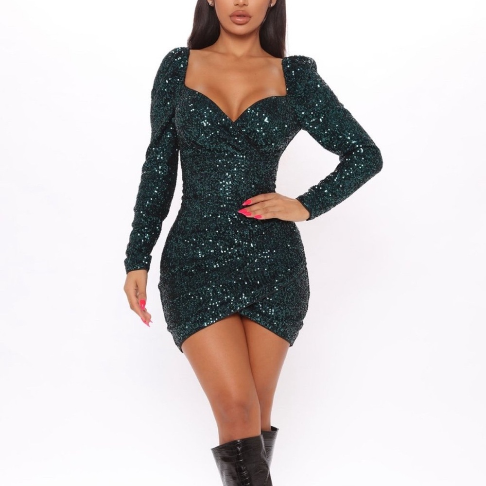 Fashion Nova Green Sequin Bodycon Dress with Puff Sleeves